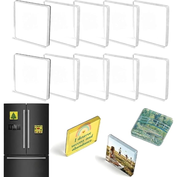 2x2 Clear Acrylic Fridge Magnets with Adhesive Backing, Square Photo Frames for Crafts Kitchen Classroom Office, 10 pcs