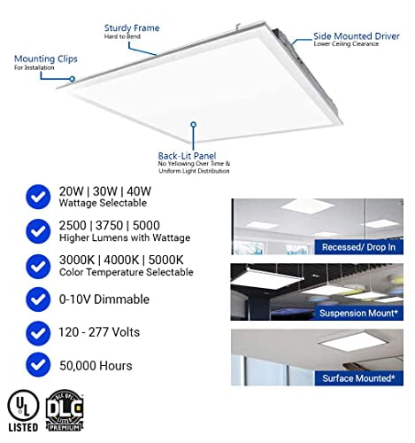 2x2 FT LED Light Flat Panel, 20/30/40W, Color Temperature Selectable 3K ...