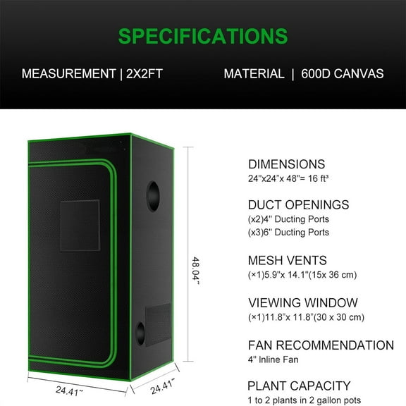 2x2 Grow Tent, 24"x24"x48'' High Reflective 600D Diamond Mylar Canvas with Observation Window and Floor Tray for Hydroponic Indoor Plant Growing