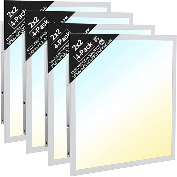 2x2 LED Flat Panel Light, Commercial Drop Ceiling Troffer, 4 Pack, 15W40W Wattage Selectable, 5CCT 3500K6500K, 010V Dimmable, Flicker-Free, ETL Listed