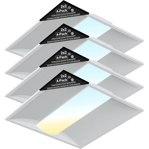 2x2 LED Troffer Light, 4-Pack, Backlit Panel, 15W40W Selectable, 5CCT, 010V Dimmable, ETL, Drop Ceiling
