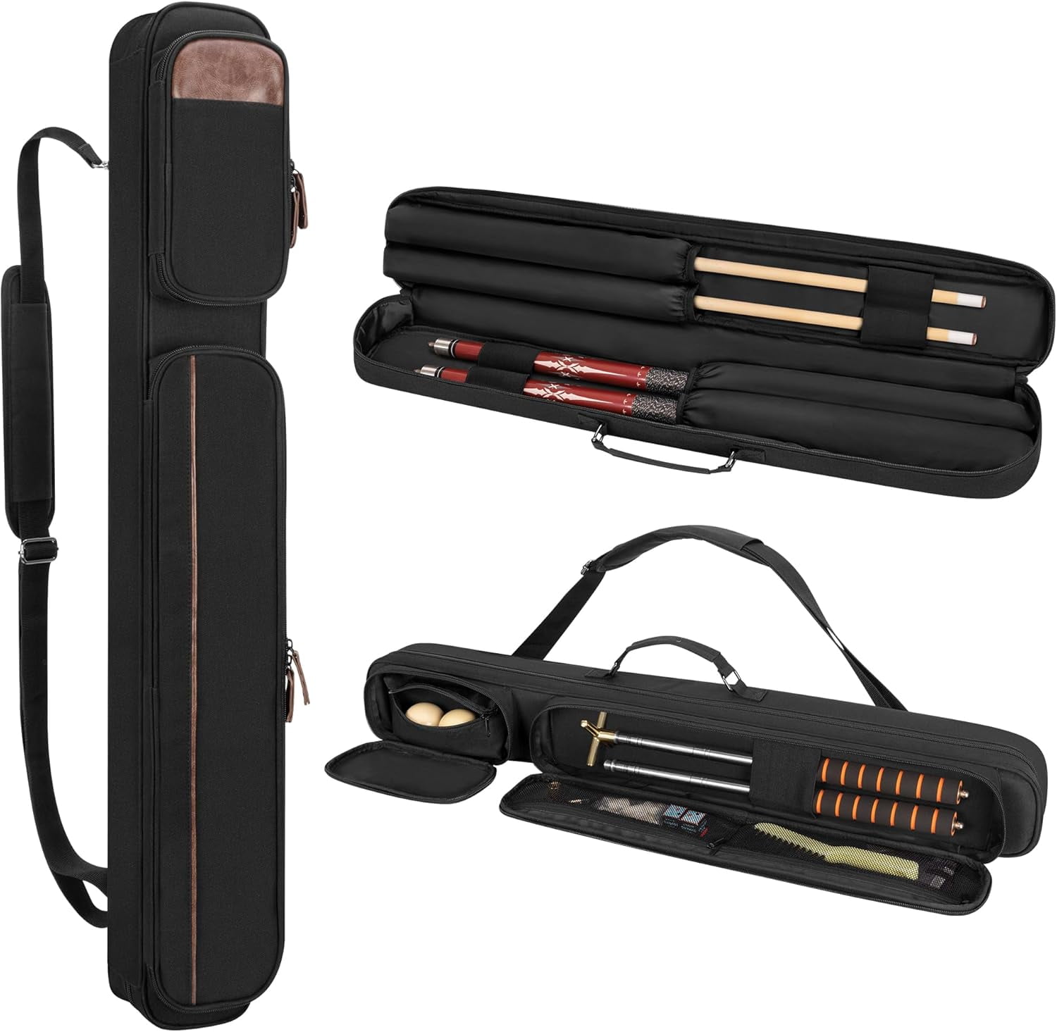 Funda Rígida Para Tacos De Billar - 4 Agujeros, 82 Cm, Cuero Sintético | Estuche De Transporte Para 2 Tacos Y Accesorios