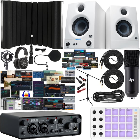 2x2 USB Audio Interface Studio Bundle ASIO Driver, White Eris 3.5 Monitors, Bluetooth MIDI Pad, Mic & Headphones