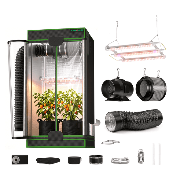 ALPHAGROW 2 x 2 ft 600D Mylar Grow Tent Kit with 33 W LED Light, 6 in Inline Fan and Carbon Filter