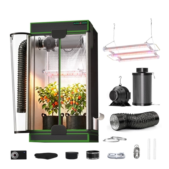 ALPHAGROW 2 x 2 ft 600D Mylar Grow Tent Kit with 33 W LED Light, 4 in Inline Fan and Carbon Filter