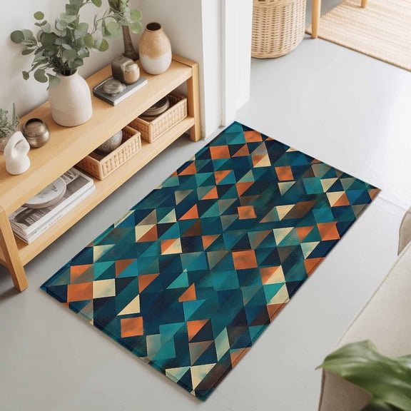 2x3 Abstract Check Texture Small Area Rug for Entryway, Washable Non Slip Low Pile Soft Indoor Rug for Kitchen Bathroom Bedside, Orange Green Blue Accent Rug