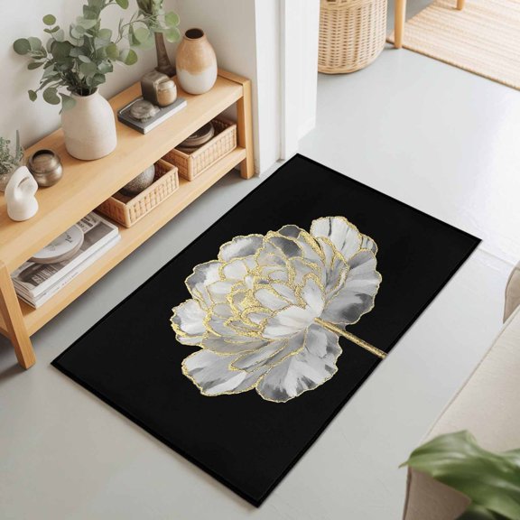 2x3 Abstract Floral Golden Small Area Rug for Entryway, Washable Non Slip Low Pile Soft Indoor Rug for Kitchen Bathroom Bedside, Flower White Black Accent Rug
