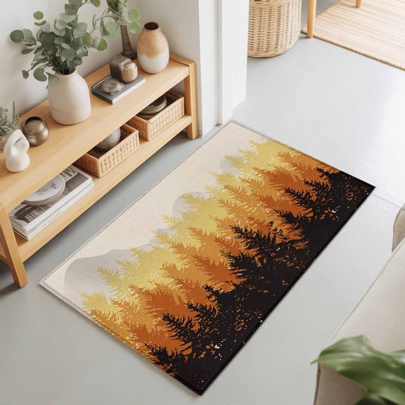 2x3 Abstract Forest Small Area Rug for Entryway, Washable Non Slip Low Pile Soft Indoor Rug for Kitchen Bathroom Bedside, Black Orange Trees Accent Rug