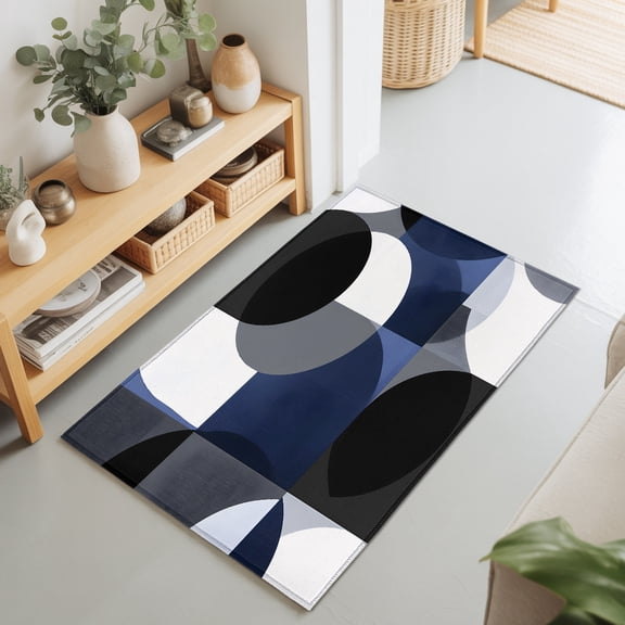 2x3 Abstract Geometric Blue Black Small Area Rug for Entryway, Washable Non Slip Low Pile Soft Indoor Rug for Kitchen Bathroom Bedside, Gray Modern Art Accent Rug