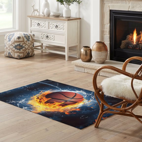 2x3 Area Rug, Basketball Low Pile Washable Rugs for Entryway, Bathroom, Laundry Room, Blue Red Water Fire Splashing Non-Slip Area Rugs, Indoor Floor Carpet