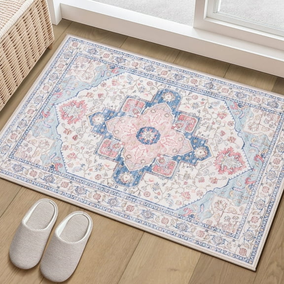 2x3 Area Rug Big Carpet for Living Room Bedroom Home Decor Washable Oriental Vintage Floral Distressed Rugs Large Indoor Carpets with Non Slip Back for Dining Room Office Floor-PinkBlue