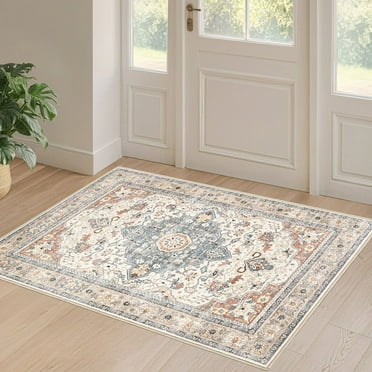 2x3 Area Rug Big Carpet for Living Room Bedroom Home Decor Washable Oriental Vintage Floral Distressed Rugs Large Indoor Carpets with Non Slip Back for Nursery Dining Room Office Floor -Beige Blue