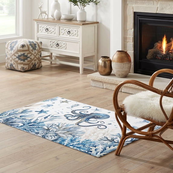 2x3 Area Rug, Blue Coastal Octopus Low Pile Washable Rugs for Entryway ...
