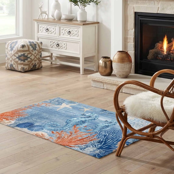 2x3 Area Rug, Blue Red Seahorse Coastal Low Pile Washable Rugs for ...