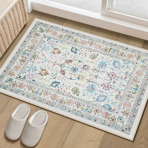 Toyoso 2x3 Area Rug Living Room Rugs - Machine Washable Traditional Floral Rug Non-Slip Classic Farmhouse Entryway Mat for Indoor Front Door, Kitchen, and Home Décor – Beige