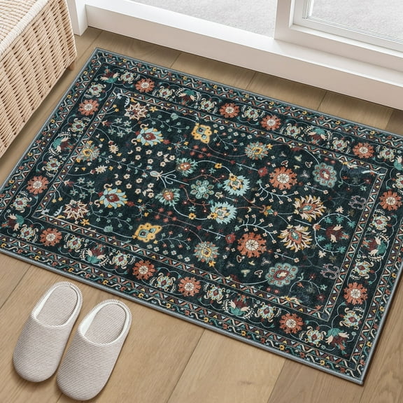 Toyoso 2x3 Area Rug Living Room Rugs - Machine Washable Traditional Floral Rug Non-Slip Classic Farmhouse Entryway Mat for Indoor Front Door, Kitchen, and Home Décor – Black