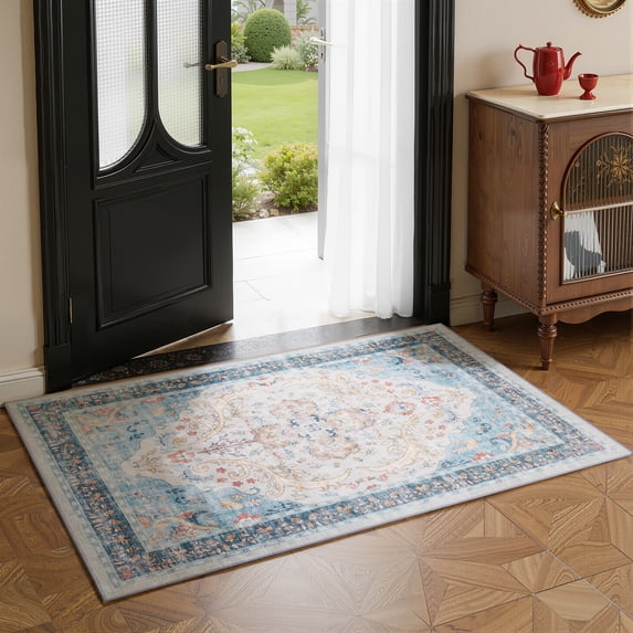 Toyoso 2x3 Area Rug Living Room Rugs - Vintage boho Decor Floral Area Rugs for Bedroom Dining Room Machine Washable Farmhouse Floral Carpet- Blue