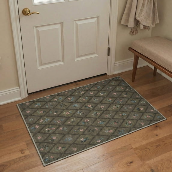 2x3 Area Rug Machine Washable Low Pile Indoor Doormat with Non Slip Backing, Print Pattern Floor Mat for Entryway, Front Door, Bathroom and Kitchen, Diamond Floral, Dusky Olive