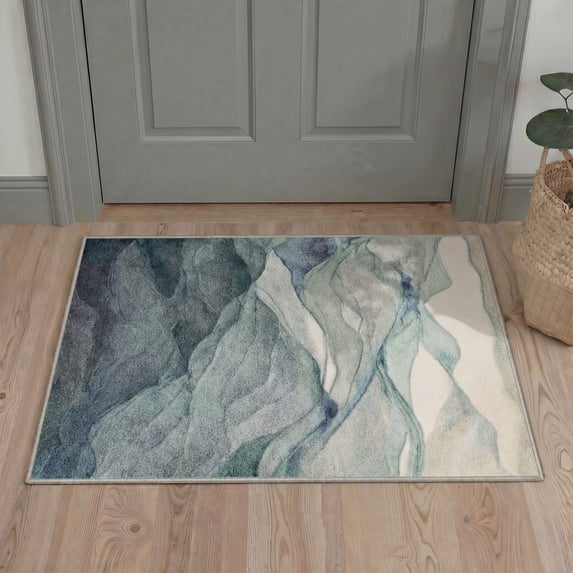 2x3 Area Rug Machine Washable Low Pile Indoor Rug with Non Slip Backing for Entryway, Front Door, Bathroom, and Kitchen Floor, Misty Mountains, Dusky Sage