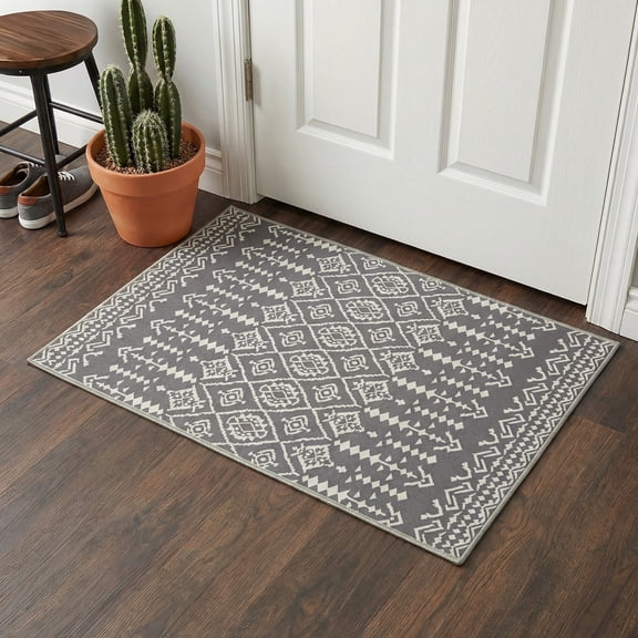 2x3 Area Rug Machine Washable Low Pile Indoor Rug with Non Slip Backing, Print Pattern Floor Mat for Entryway, Front Door, Bathroom and Kitchen, Diamond Charcoal White