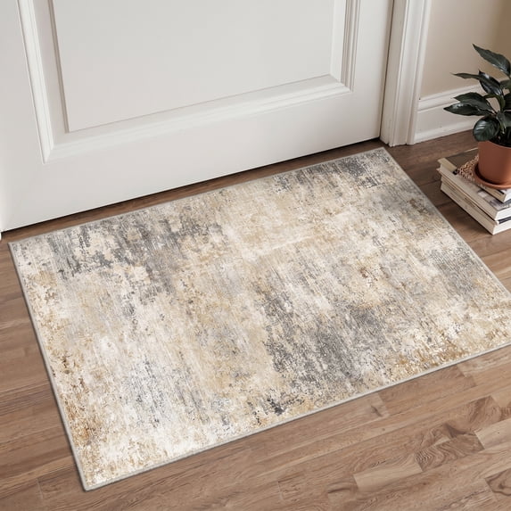 DEORAB 2x3 Area Rug Machine Washable Low Pile Non Slip Backing Entryway Rug for Front Door, Bathroom, Kitchen, Abstract Texture Lightweight Indoor Doormat, Beige