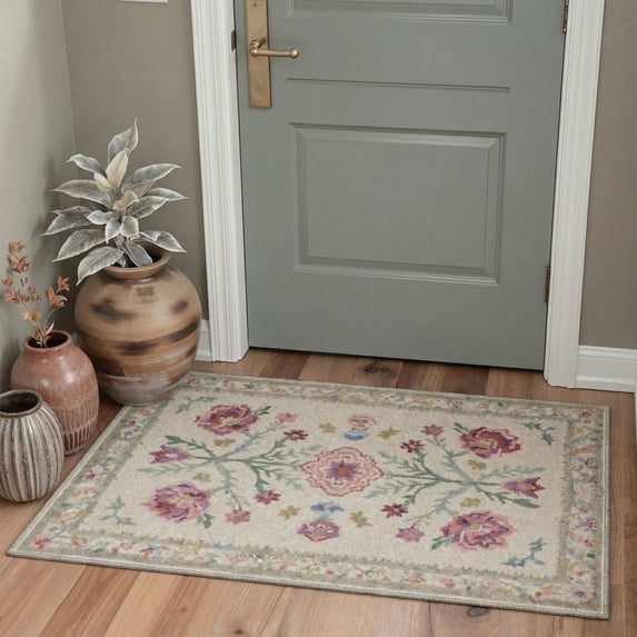 2x3 Area Rug Machine Washable with Non Slip Backing, Low Pile Indoor Door Mat for Entryway, Entrance, Front Door and Bathroom, Vintage Floral Print Pattern, Mauve Blush