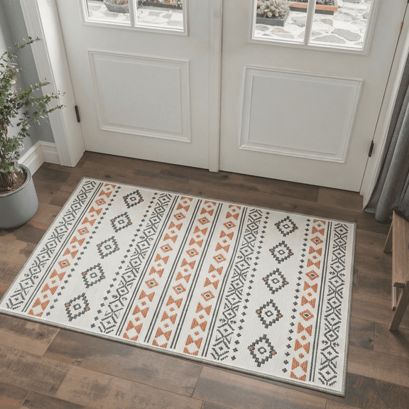 2x3 Area Rug Machine Washable with Non Slip Backing, Low Pile Indoor Rug for Entryway, Front Door, Bathroom and Kitchen, Diamond Print Pattern Light Weight Floor Mat, Ivory