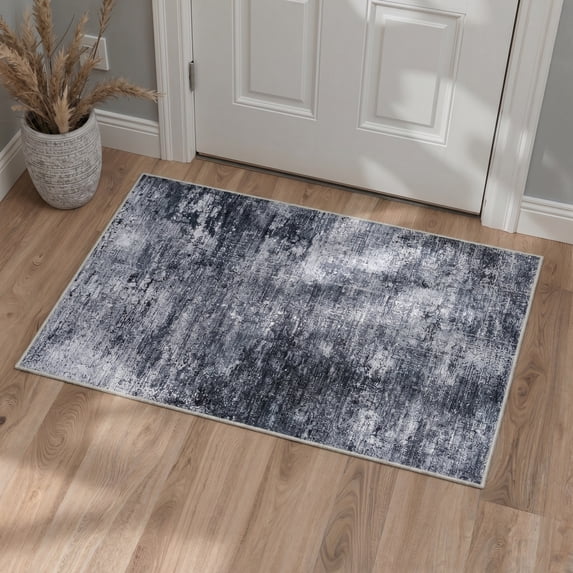 DEORAB 2x3 Area Rug Low Pile Machine Washable Non Slip Backing for Entryway, Front Door, Bathroom, Distressed Texture Black