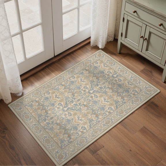 DEORAB 2x3 Area Rugs Persian Vines Dusty Blue Low Pile Machine Washable Non Slip Rug Doormat for Entryway, Front Door, Hallway, Kitchen, Bathroom