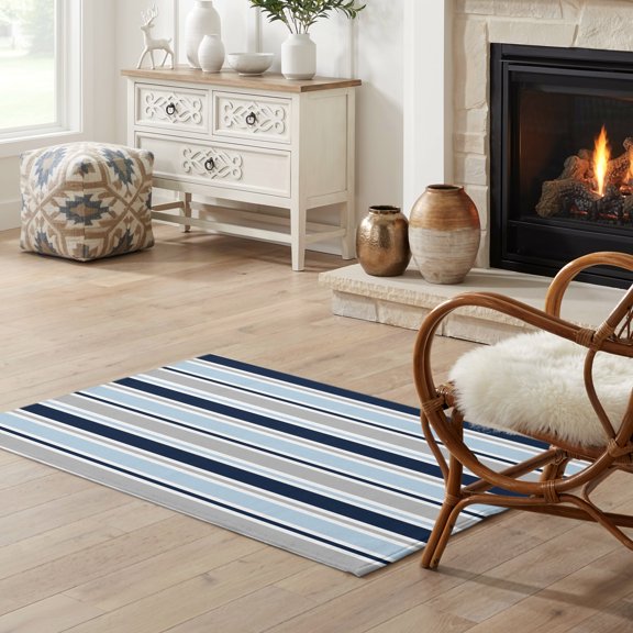2x3 Area Rug, Navy Blue Gray Striped Low Pile Washable Rugs for Entryway, Bathroom, Laundry Room, Farmhouse Stripes Modern Abstract Art Non-Slip Area Rugs, Indoor Floor Carpet