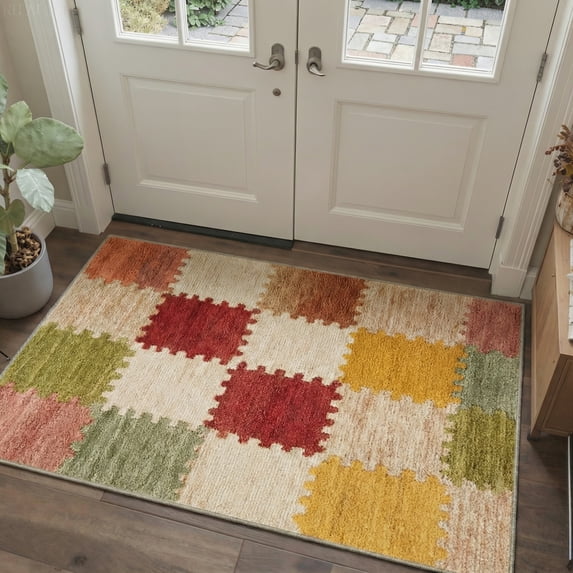2x3 Area Rug Non Slip Backing, Low Pile Indoor Door Mat, Machine Washable Print Pattern Floor Mat for Entryway, Front Door, Bathroom, Puzzle Blocks, Autumn Beige
