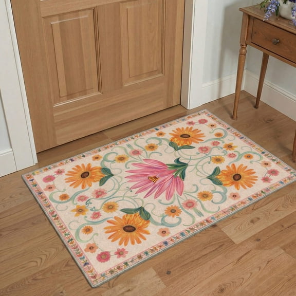 2x3 Area Rug Non Slip Backing Low Pile Machine Washable Indoor Rug for Entryway, Entrance, Front Door and Bathroom, Floral Vines Pattern, Peach Blush