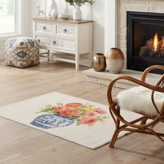 Spring Bouquets 2x3 Area Rug, Pink Floral Vase Low Pile Washable Rugs for Entryway ...