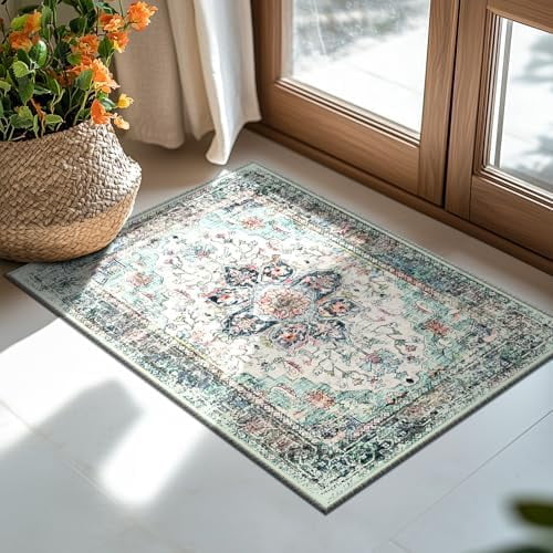 2x3 Area Rug Washable Rugs for Living Room, No Pile Boho Carpet for Entryway Bedroom Dinning Room, Vintage Carpet Print Distressed Non-Slip, 2 x 3 ft, Multi Navy Teal