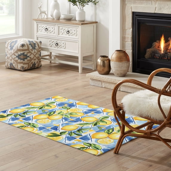 2x3 Area Rug, Watercolor Lemon Low Pile Washable Rugs for Entryway ...