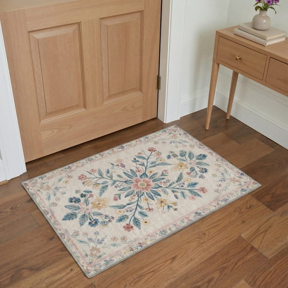 2x3 Area Rug entryway rug, Machine Washable Low Pile Non Slip Backing, Print Pattern Floor Mat for Front Door Entrance Hallway Kitchen Bathroom, Vintage Floral, Cream Blush