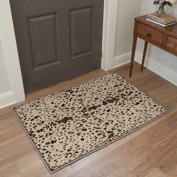 2x3 Area Rug, non slip backing low pile indoor door mat, Machine Washable LightWeight Print Pattern Floor Mat for Entryway, Entrance, Front Door and Bathroom, Cow Hide Mocha Cream