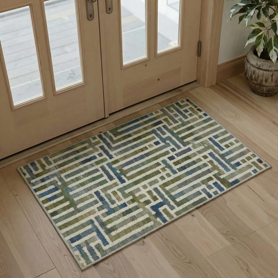 2x3 Area Rug non slip backing low pile indoor rug for entryway, entrance, front door and bathroom, Geometric Blocks print pattern machine washable lightweight floor mat, Oatmeal Blush