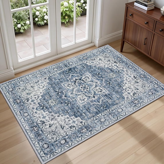 2x3 Area Rugs Living Room Rug: Washable Vintage Boho Medallion Rug No Slip Stain Resistant Soft Carpet Indoor Floor Large Carpets for Bedroom Dining Room Farmhouse Nursery Hallway Home Office Blue