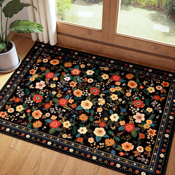 2x3 Area Rugs for Living Room Vacuum-Friendly Machine Washable Area Rug Flower Floral Printed Pattern Low Pile Non-Slip Carpet for Bedroom Hallway Entryway, Black