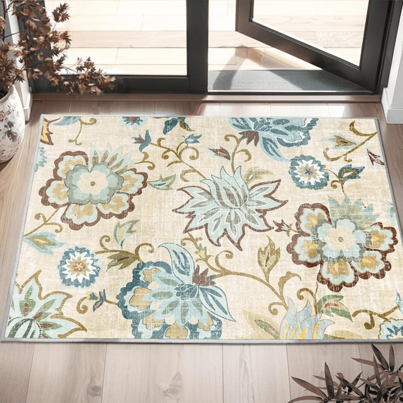 2x3 Area Rugs for Living Room: Washable Rug Stain Resistant Distressed Vintage Floral Rug Non Slip Low Pile Faux Wool Soft Large Area Rugs for Bedroom Bedside Farmhouse Dining Room Kitchen Nursery