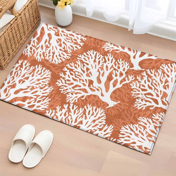 2x3 Bathroom Rugs, Orange Coral Coastal Washable Entryway Rug for Hallway Floor, White Summer Beach Ocean Seaside Non Slip Area Rugs Low Pile Carpet for Home Decor