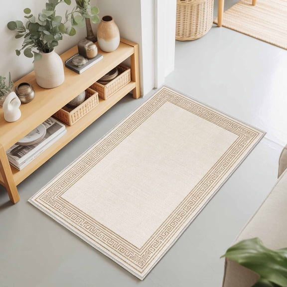 2x3 Beige Vintage Small Area Rug for Entryway, Washable Non Slip Low Pile Soft Indoor Rug for Kitchen Bathroom Bedside, Abstract Art Linen Brown Greek Key Accent Rug