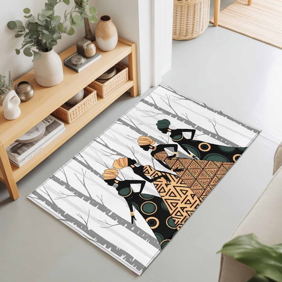 2x3 Black African Women Small Area Rug for Entryway, Washable Non Slip Low Pile Soft Indoor Rug for Kitchen Bathroom Bedside, African Ethnic Style Accent Rug