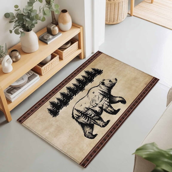 2x3 Black Bear Pine Tree Small Area Rug for Entryway, Washable Non Slip Low Pile Soft Indoor Rug for Kitchen Bathroom Bedside, Vintage Rustic Forest Accent Rug