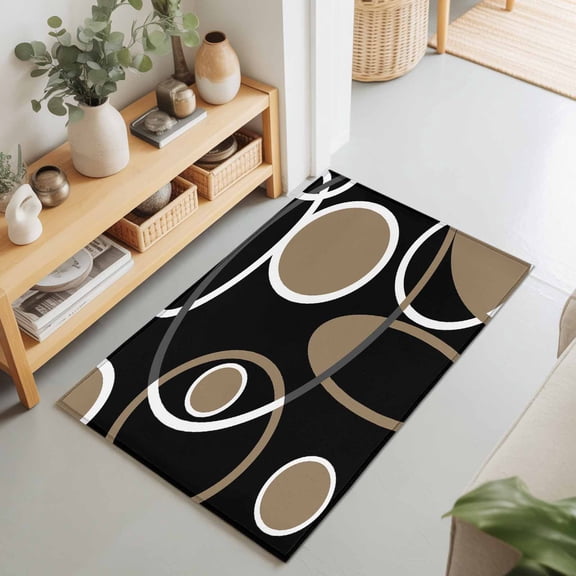 2x3 Black Brown Circle Small Area Rug for Entryway, Washable Non Slip Low Pile Soft Indoor Rug for Kitchen Bathroom Bedside, Geometri Stripe Abstract Art Accent Rug