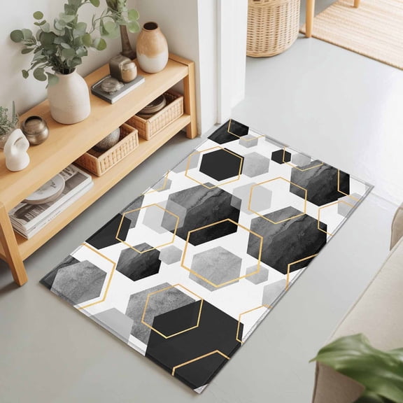 2x3 Black Geometric Small Area Rug for Entryway, Washable Non Slip Low Pile Soft Indoor Rug for Kitchen Bathroom Bedside, Modern Abstract Lines Accent Rug