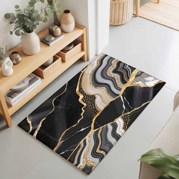 2x3 Black Marble Small Area Rug for Entryway, Washable Non Slip Low Pile Soft Indoor Rug for Kitchen Bathroom Bedside, Abstract Gold Fluid Accent Rug
