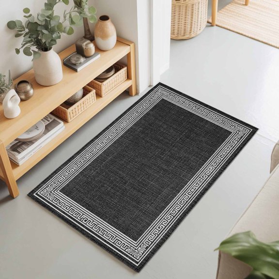 2x3 Black Vintage Small Area Rug for Entryway, Washable Non Slip Low Pile Soft Indoor Rug for Kitchen Bathroom Bedside, Abstract Art Linen Greek Key Accent Rug