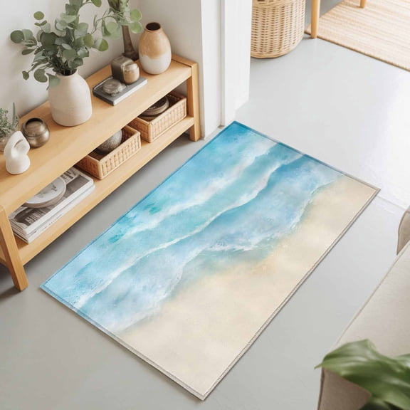 2x3 Blue Beige Waves Small Area Rug for Entryway, Washable Non Slip Low Pile Soft Indoor Rug for Kitchen Bathroom Bedside, Summer Beach Accent Rug